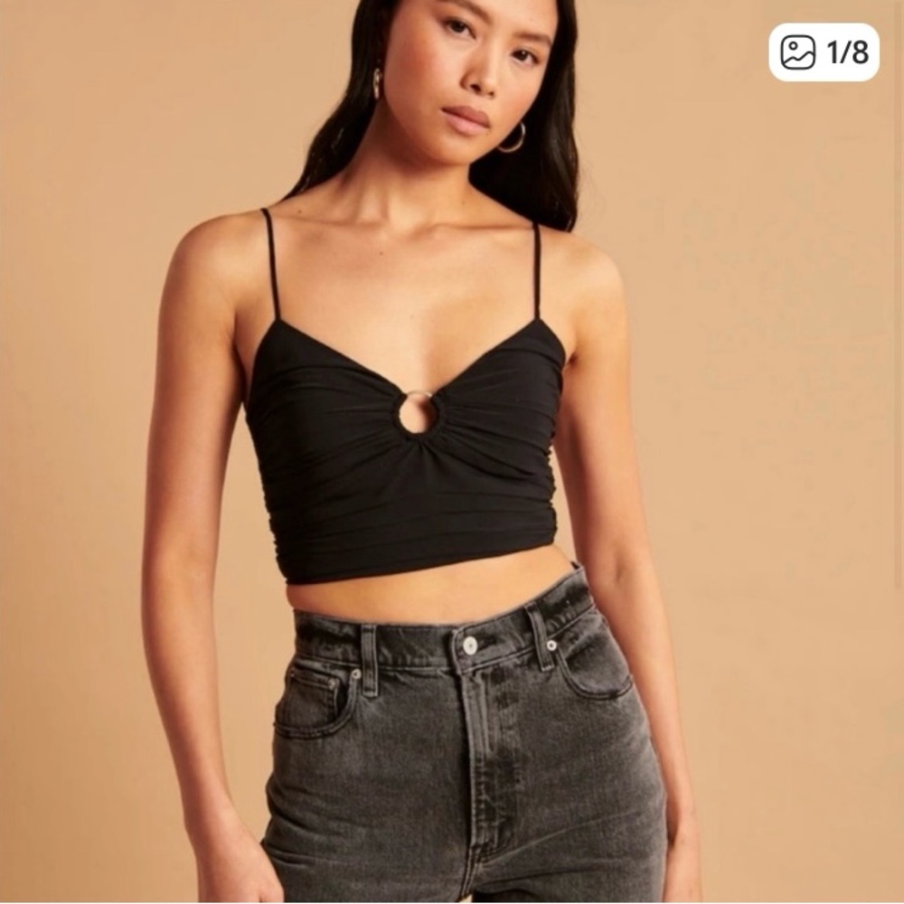 Abercrombie & Fitch Black Ruched Ring-Detail Spaghetti Strap Crop Top